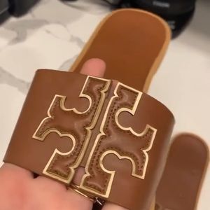 Tory Burch Double T Leather Medallion Slide Sandals
